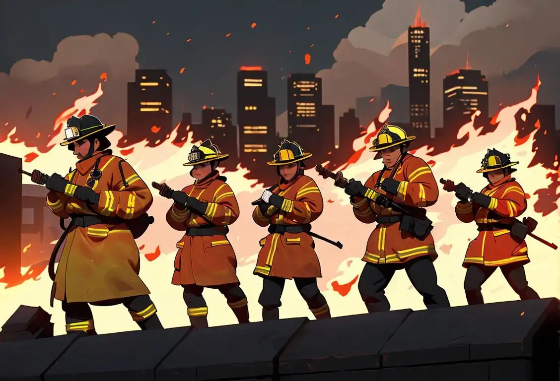 A group of heroic firefighters clad in protective gear, battling fierce flames against a backdrop of a city skyline..
