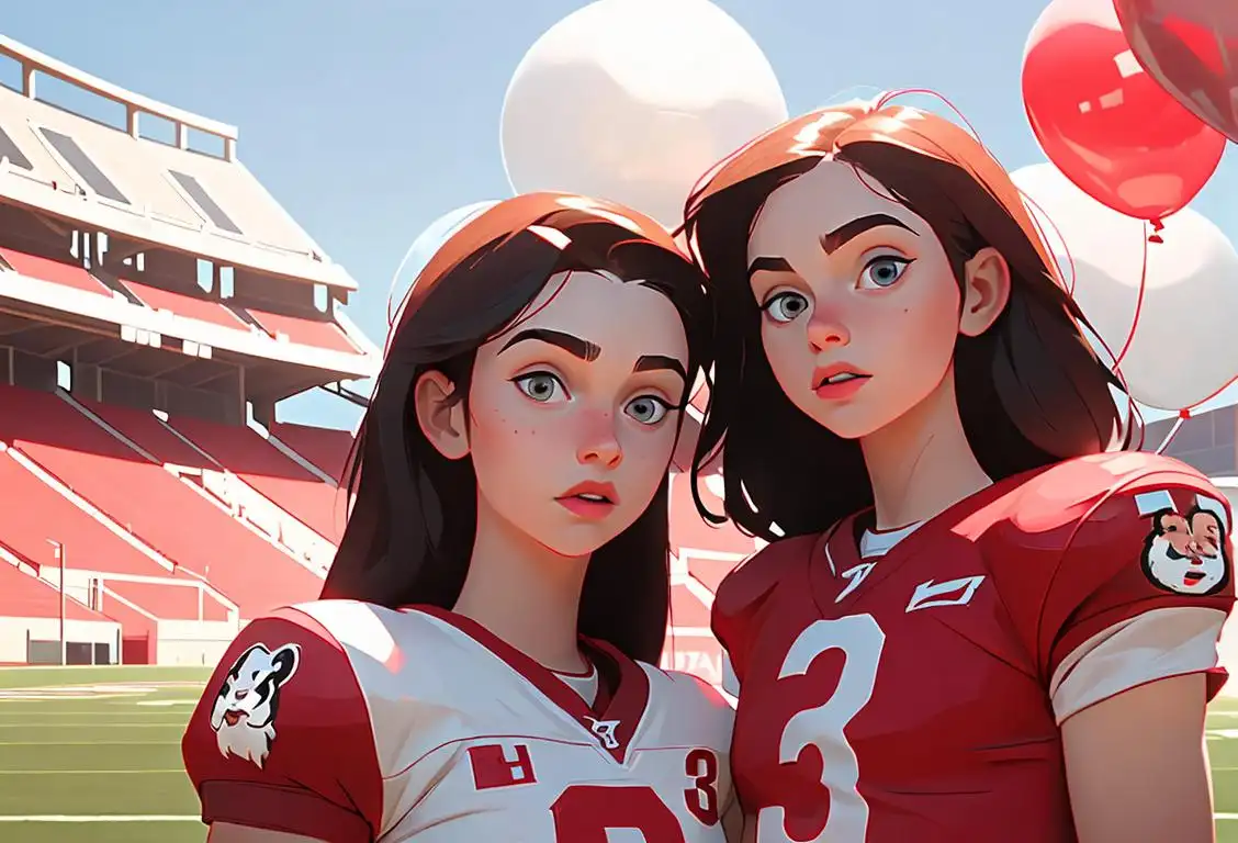 Young couple wearing Badgers apparel, posing in front of a football stadium, surrounded by red and white balloons..