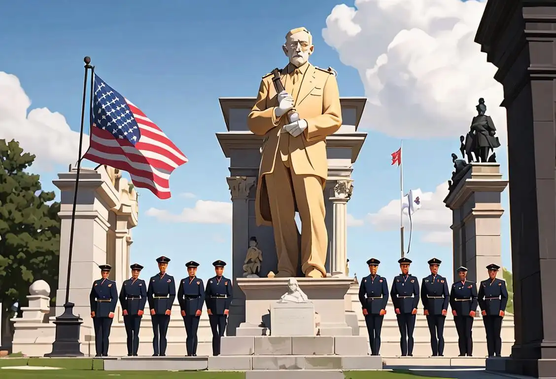 A group of diverse individuals, dressed in different styles, standing around a memorial statue, with flags in hand, showcasing unity and respect..