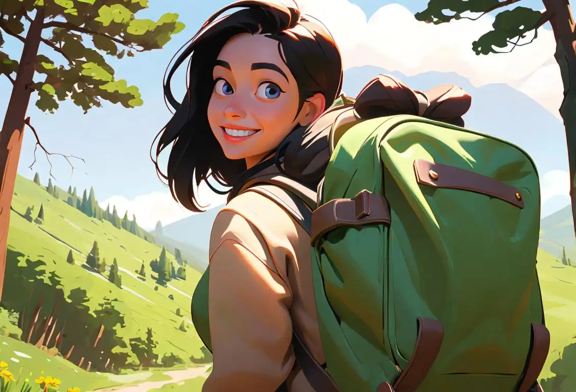 A smiling young woman wearing a backpack, surrounded by nature, with a sense of adventure on National Backpack Day.
