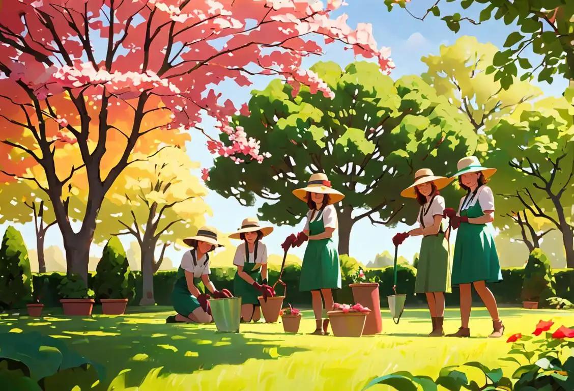 A group of joyful individuals planting trees in a beautiful natural setting, wearing gardening gloves and sun hats..