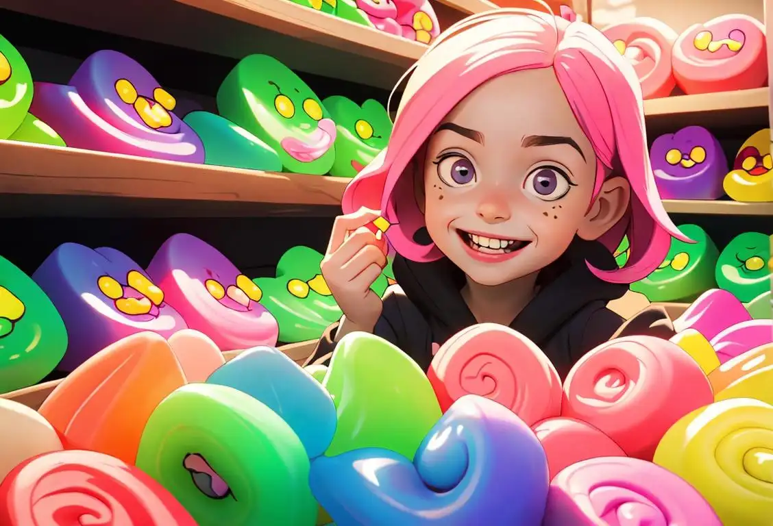 Child with a big smile, holding a bag of sour candies, in a colorful candy store with shelves full of different sour treats..