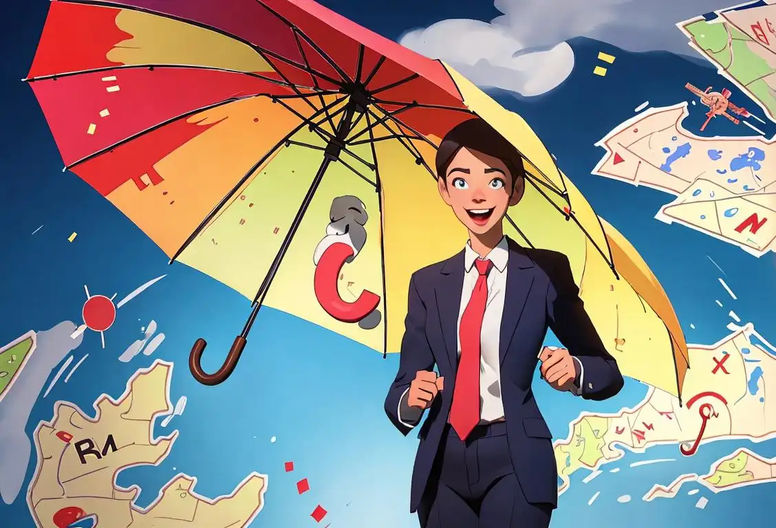 A cheerful meteorologist holding an umbrella, wearing a professional suit, in front of a map with weather symbols..
