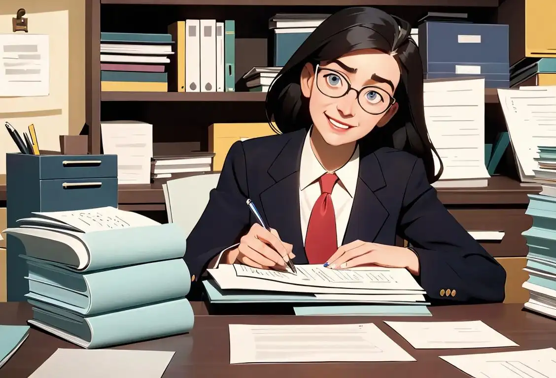 A cheerful secretary at a desk, wearing professional attire, surrounded by stacks of paperwork. Office setting, organized and efficient.