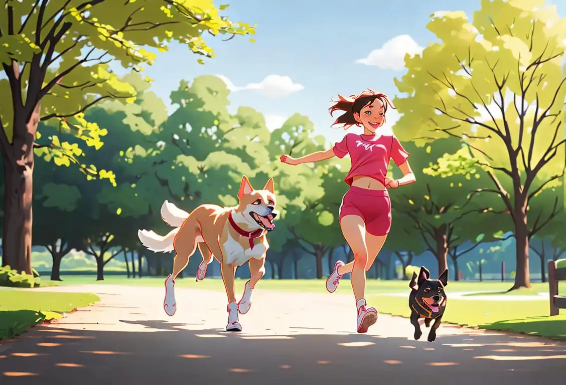 A joyful runner, accompanied by their energetic dog, both wearing matching athletic outfits in a serene park setting..