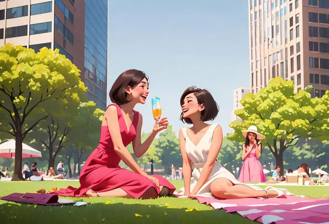 Young women in the city, wearing stylish dresses, enjoying a picnic in a park surrounded by skyscrapers and laughter..