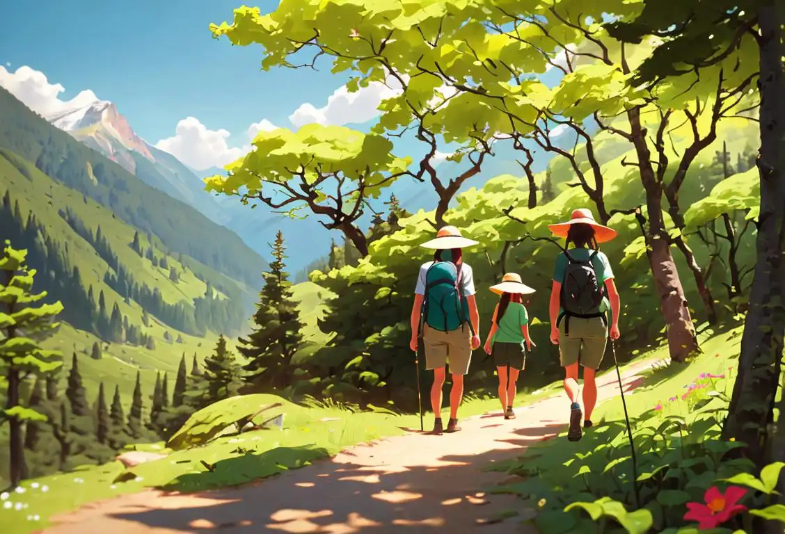 Make the most of National Get Outside Day with a vibrant image of people hiking through a lush forest, sporting sun hats and backpacks, amidst a scenic mountain backdrop..