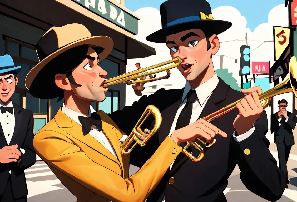Young man wearing a checkered suit and fedora, dancing with a trombone player in a vibrant street scene, celebrating National Ska Day!.