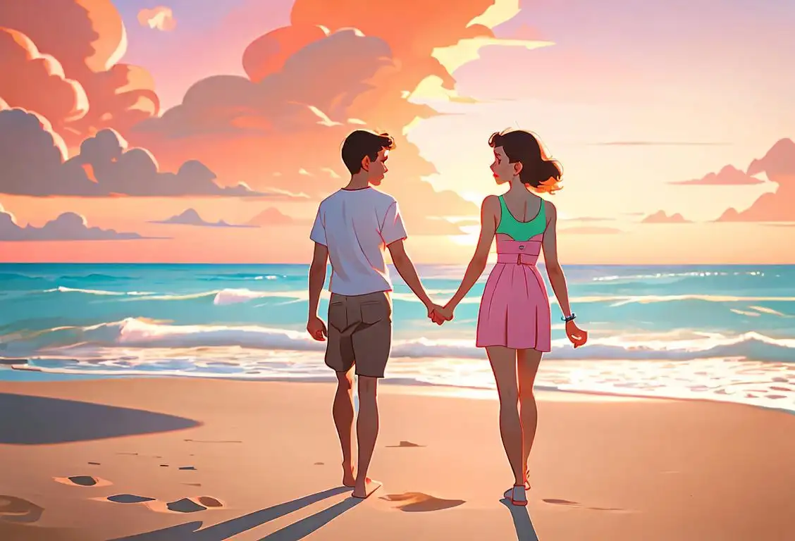 Young couple, holding hands, walking on a beach at sunset, one wearing a retro-inspired outfit, tropical vacation vibes..