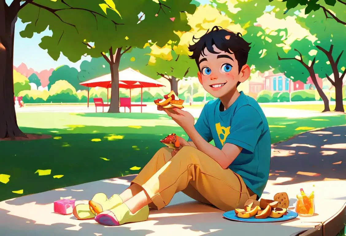 Young boy with a big smile, sitting in a park, surrounded by a variety of colorful snacks..