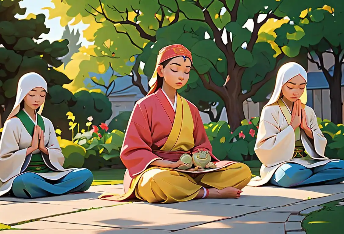 A diverse group of people sitting in a serene garden, wearing various cultural clothing, meditating and holding hands in prayer for National Peace Prayer Day..