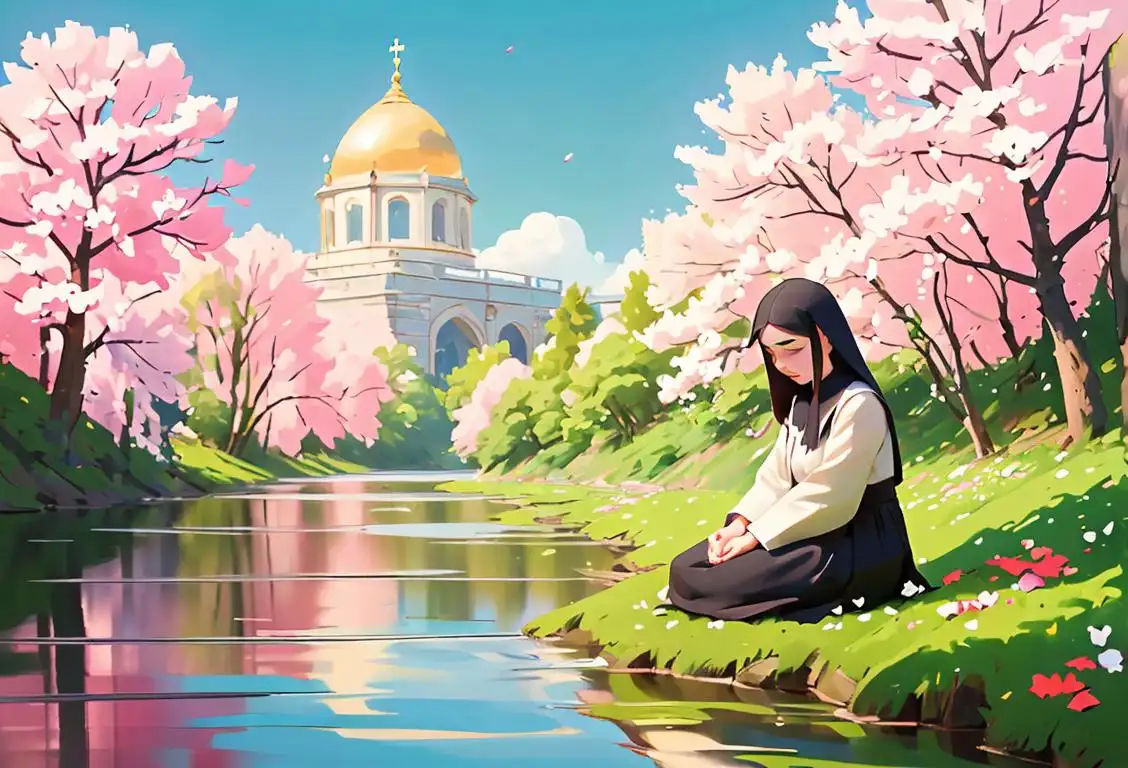 A person in peaceful prayer, wearing comfortable clothing as they sit outside in nature, surrounded by blooming flowers and a calm river..