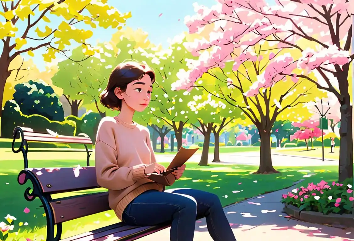Young person writing a heartfelt poem on a sunny park bench, surrounded by blooming flowers and a gentle breeze, wearing a cozy sweater..