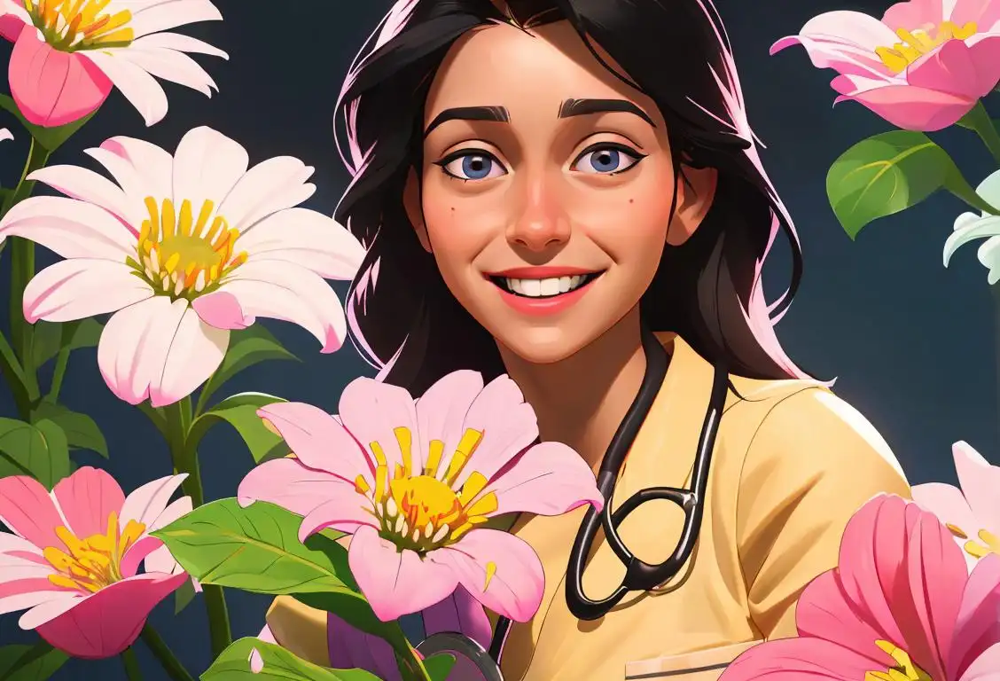 Young nurse in scrubs, wearing a stethoscope, surrounded by vibrant flowers, hospital setting, caring for a patient with a cheerful smile..