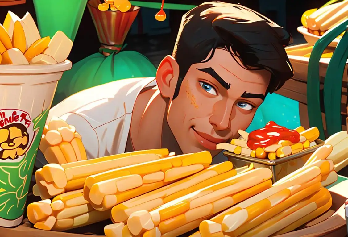 Young man holding a corn on the cob, covered in melted cheese and spicy seasoning, enjoying a festive street fair atmosphere..