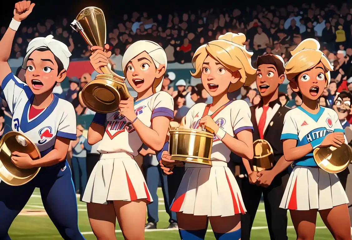 A group of diverse individuals with victorious expressions, wearing different sports jerseys and holding championship trophies, in a stadium filled with cheering fans..