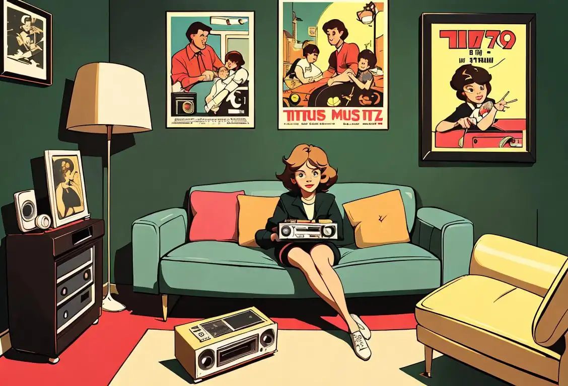 A person sitting in a retro-themed living room, surrounded by vintage music posters and holding an eight-track tape player, embracing the '70s vibes..