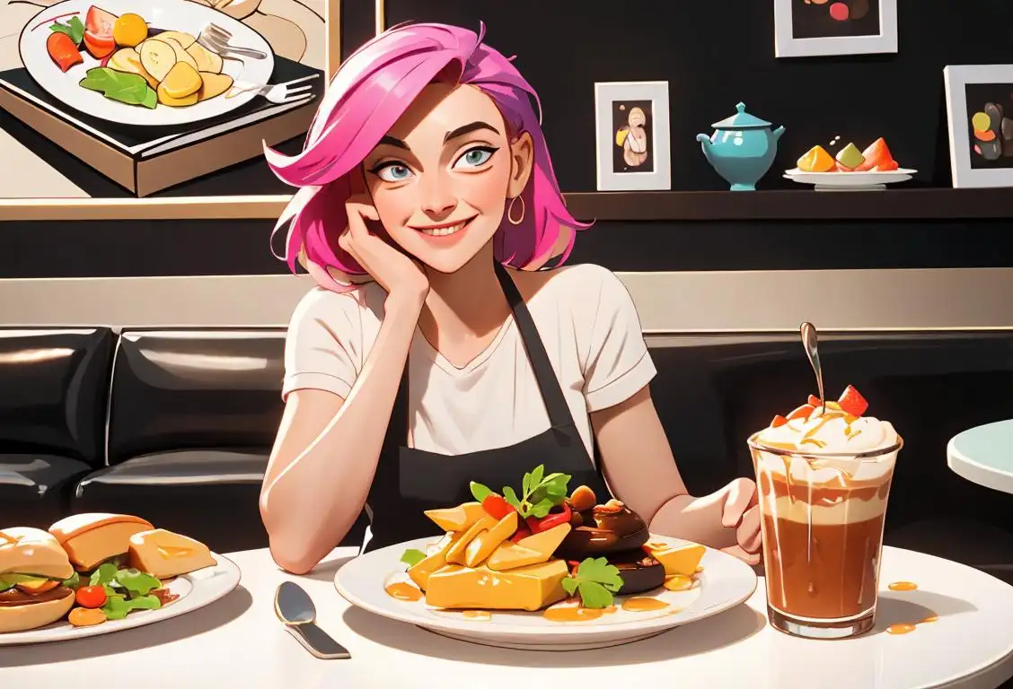 A smiling person, struggling to balance a plate overflowing with a variety of delicious and colorful foods. They are dressed fashionably and the scene is set in a trendy cafe..