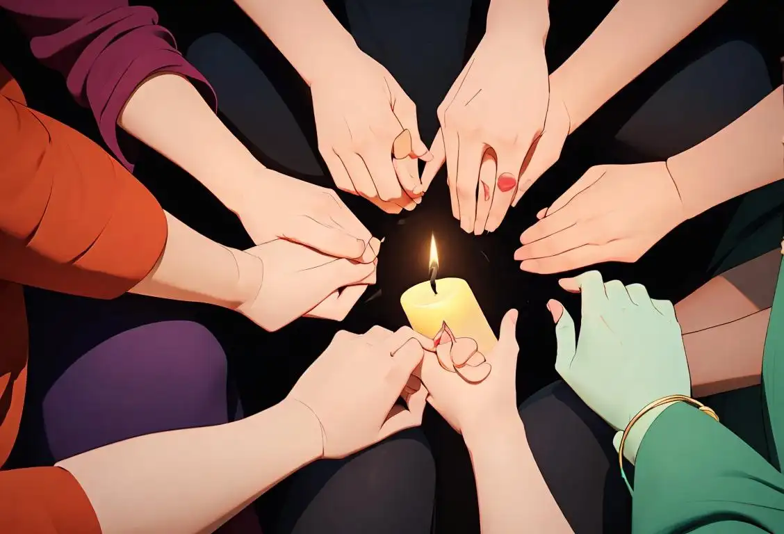 A diverse group of people sitting in a circle, holding hands and surrounded by candles, symbolizing unity and support..