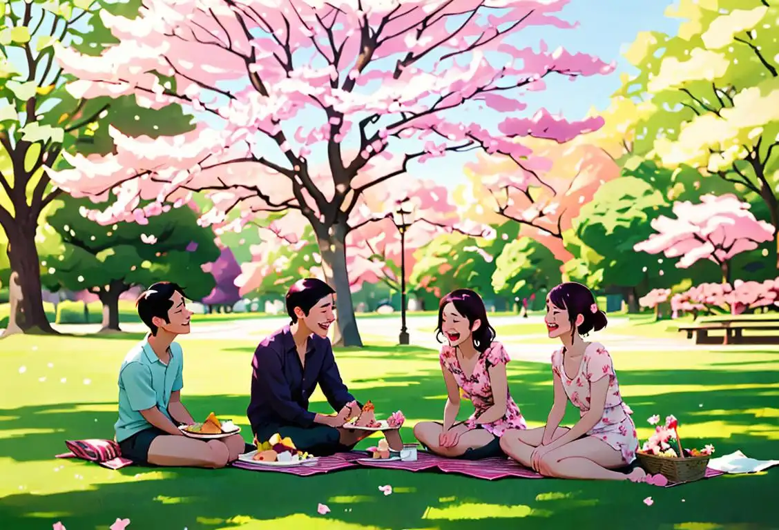 Young adults named Atsushi having a joyful picnic, wearing casual summer clothes, beautiful park setting with cherry blossom trees..