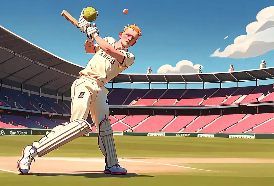 A young cricket player, dressed in cricket whites, smashing a ball out of the park on National Ben Stokes Day. The cricket field is filled with cheering fans and the sun is shining brightly..