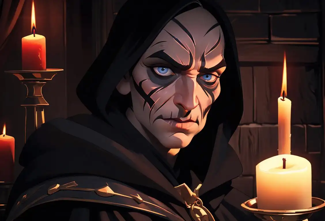 Middle-aged man with elaborate face paint, wearing a dark cloak, dungeon setting, candlelit ambiance..