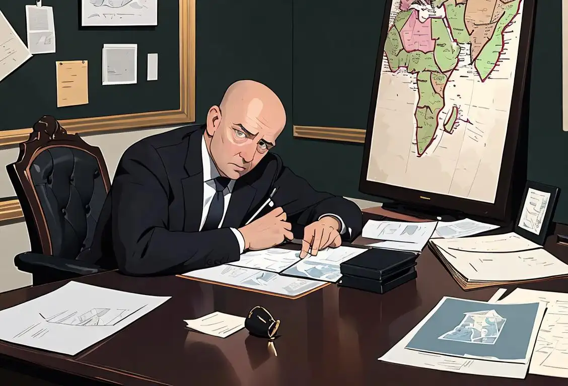 A determined person sitting at a desk, wearing professional attire, surrounded by maps and classified documents..