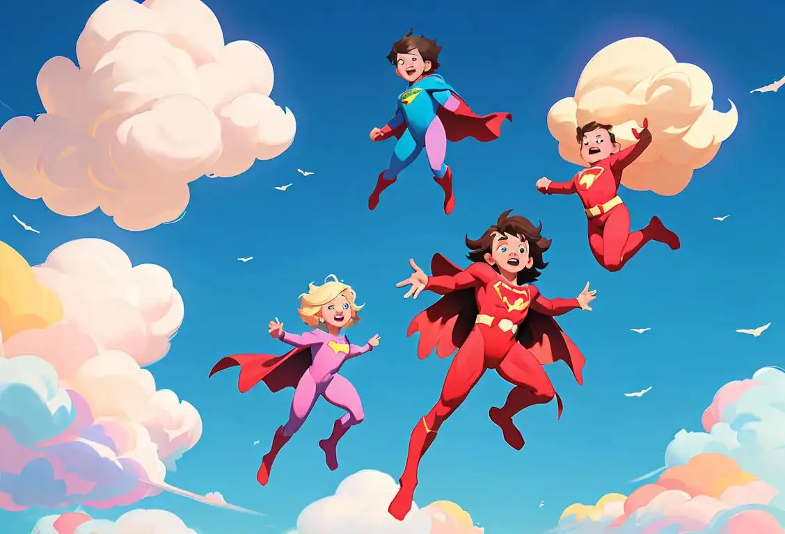 Kids floating in the air, wearing colorful superhero costumes, against a backdrop of fluffy white clouds and vibrant blue sky..