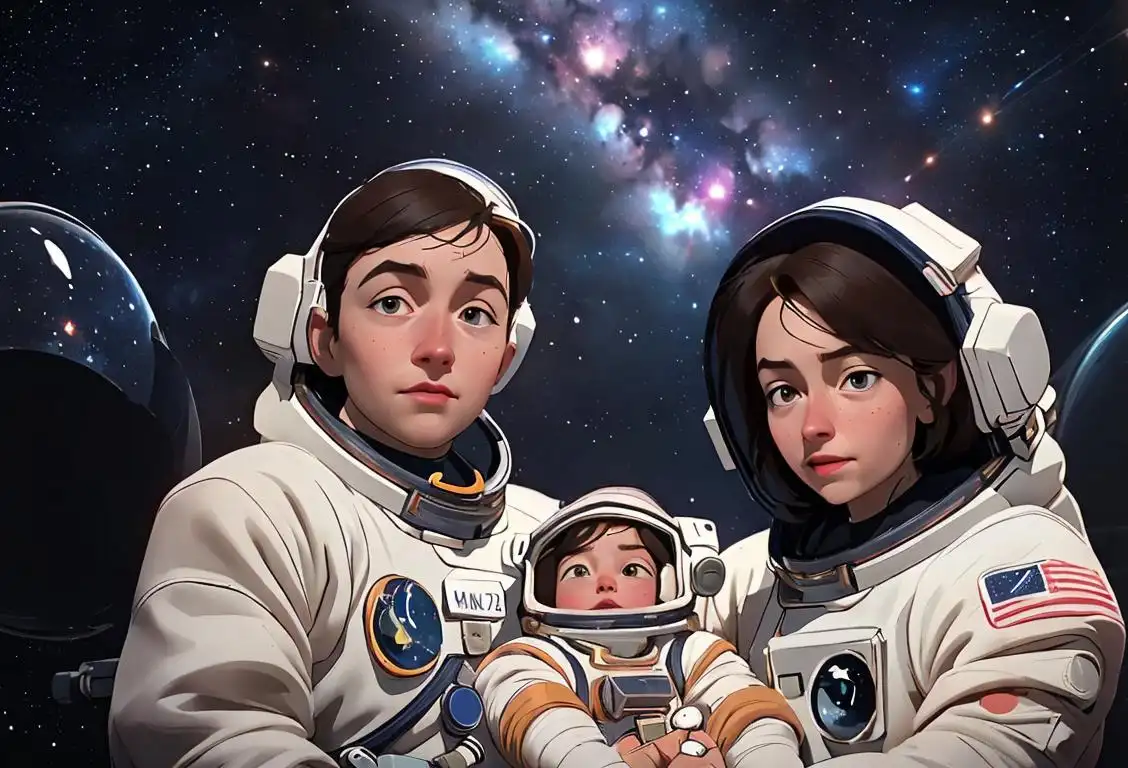 Family, dressed in astronaut costumes, stargazing together in a backyard filled with cosmic decorations..