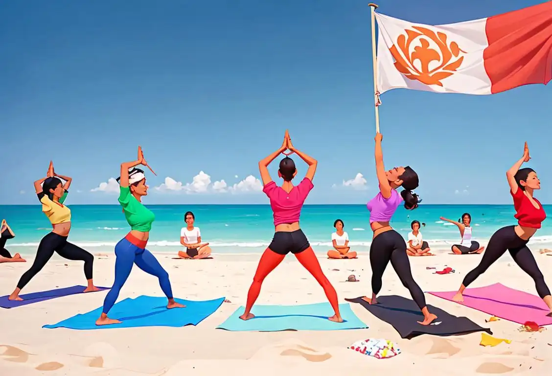 A diverse group of people practicing yoga on a beach, each wearing a different colored shirt representing a nation's flag..