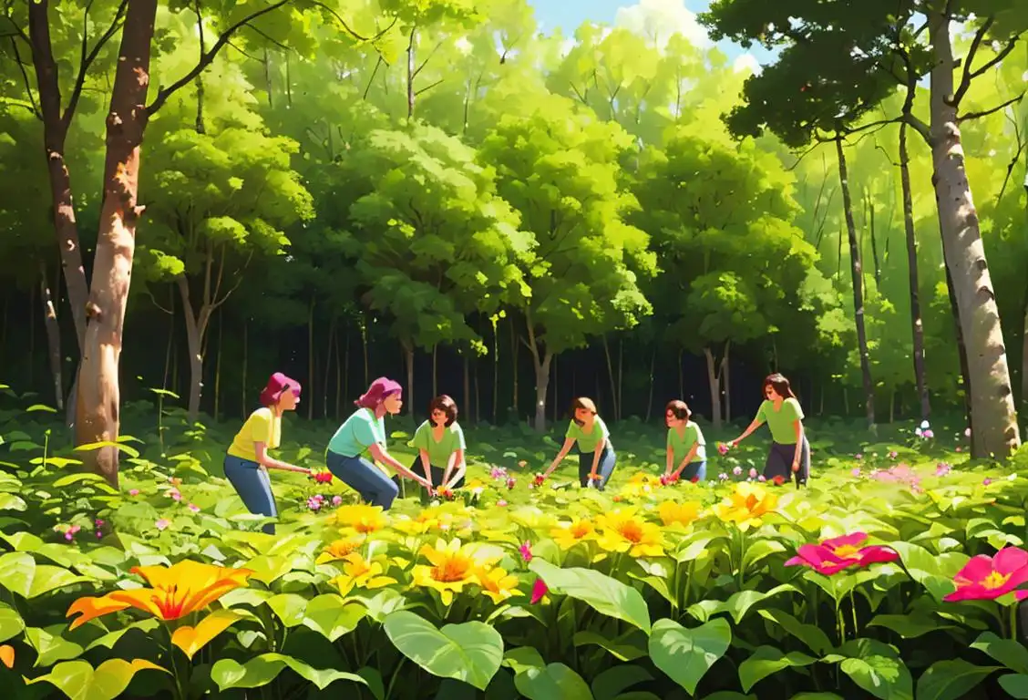Group of diverse individuals planting trees in a lush forest, wearing eco-friendly t-shirts, surrounded by colourful flowers..