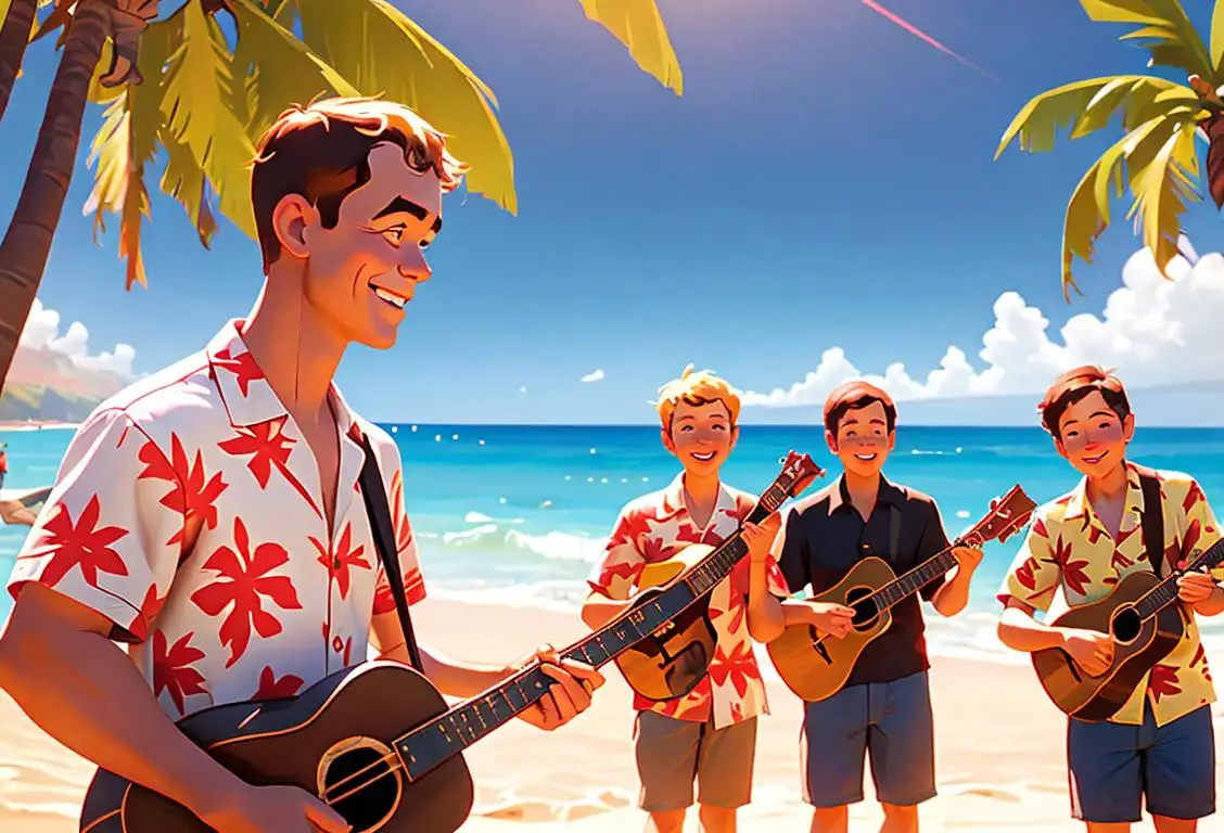 A group of people smiling, wearing Hawaiian shirts and playing ukuleles on a sunny beach..
