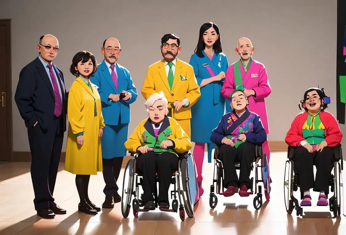 A diverse group of individuals with disabilities standing together, wearing colorful outfits, representing different assistive devices and cultural backgrounds..