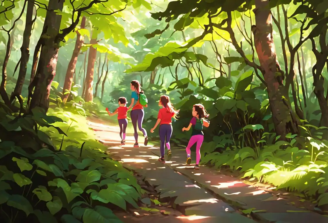 Family hiking in a scenic forest, wearing colorful activewear, surrounded by wildlife and lush greenery..