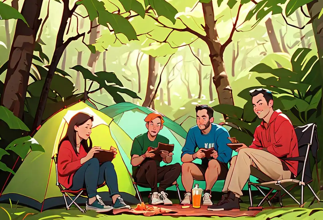 A group of friends, dressed in casual outdoor clothing, enjoying beef jerky while camping in a lush forest..