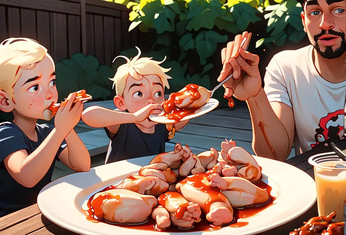 Picture of a messy-eating child with sauce on their fingers, happily devouring a plate of chicken wings, surrounded by friends at a backyard barbecue..