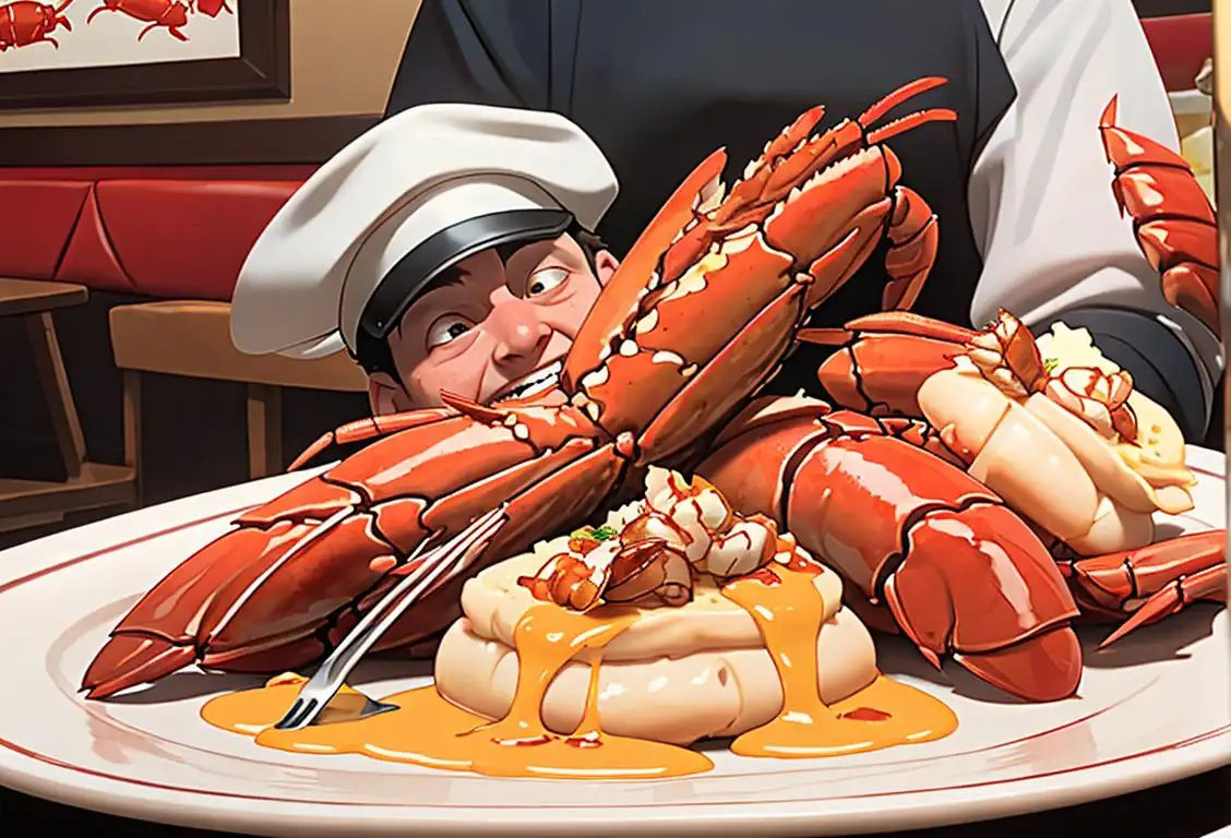 Happy person in a chef's hat, holding a delicious lobster dish, surrounded by a nautical-themed restaurant decor..