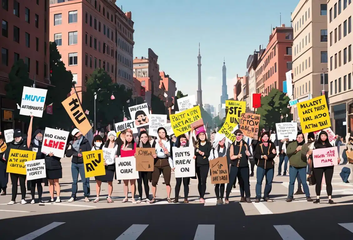 A group of diverse people holding different protest signs, wearing various styles of clothing, in a city setting..