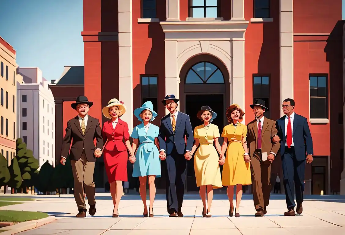 A diverse group of people holding hands, dressed in a mix of modern and vintage attire, in front of a historic building..