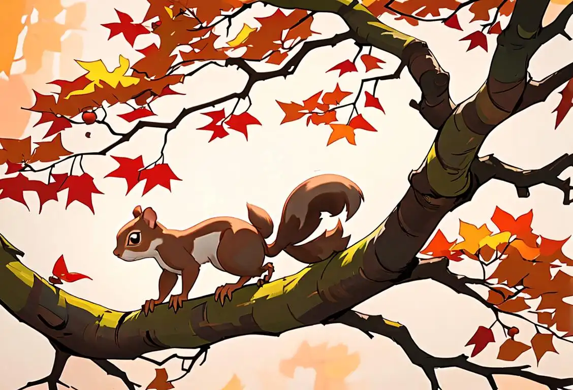A playful squirrel perched on a tree branch, surrounded by fallen acorns. Forest setting with vibrant autumn colors, showcasing their acrobatic skills..