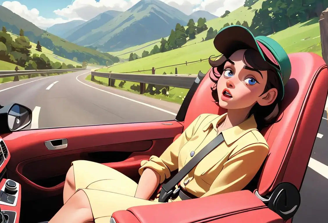 Young adult belting themselves into a car seat, wearing a funky hat, retro fashion, with a scenic road trip backdrop..