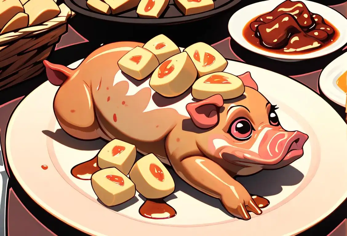 A mouthwatering image of a golden, crispy suckling pig with tantalizing BBQ sauce, surrounded by eager foodies in a lively summer picnic setting..