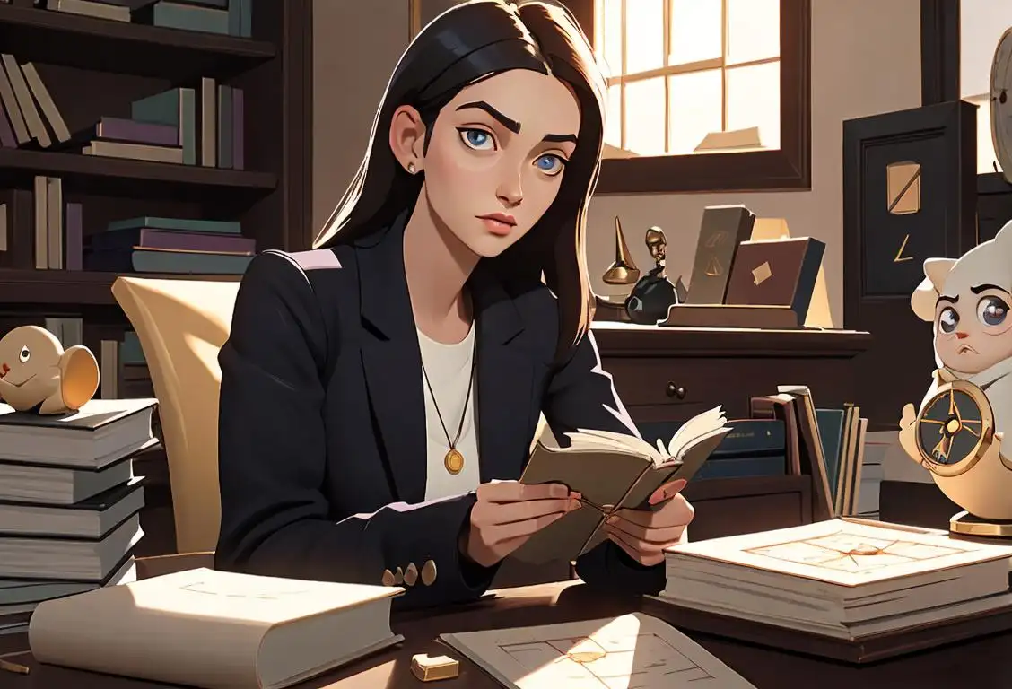 Young adult with a moral compass, wearing a trendy outfit, surrounded by books and an office setting..