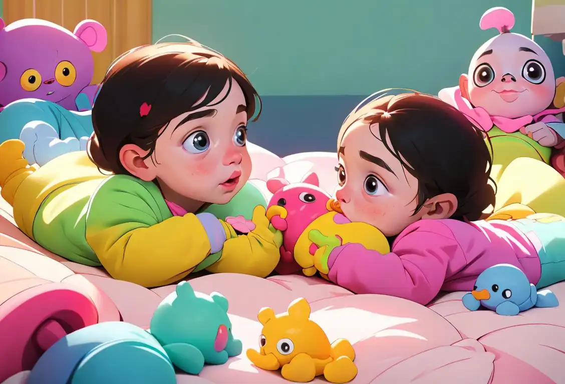 Two cute babies, dressed in matching outfits, surrounded by colorful toys, in a cozy nursery setting..