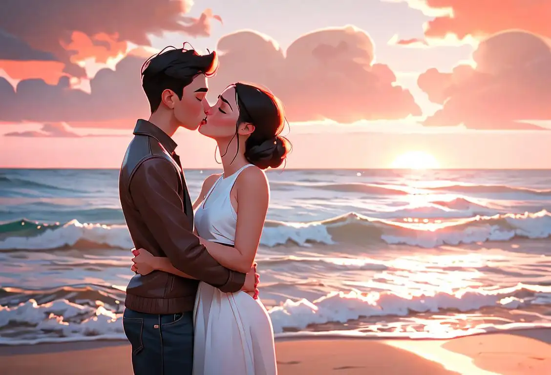 Young couple sharing a passionate kiss at sunset on a beach, dressed in trendy and romantic fashion, with a picturesque seaside setting..