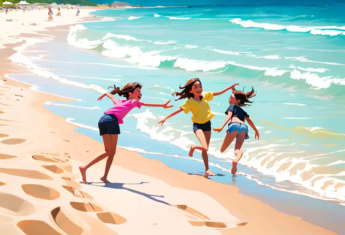 Group of junior high school students frolicking at the beach, wearing colorful summer clothes, embodying the carefree spirit of National Junior Ditch Day..