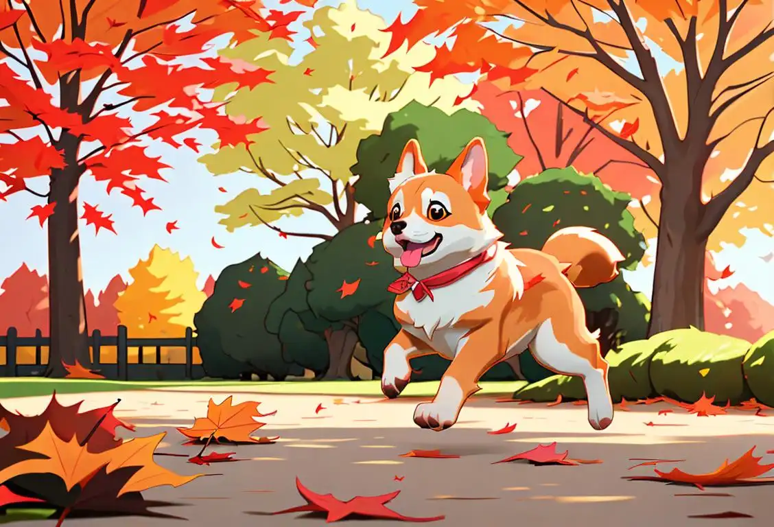 Welsh Corgi with a fluffy coat, running in a park, surrounded by vibrant autumn leaves..