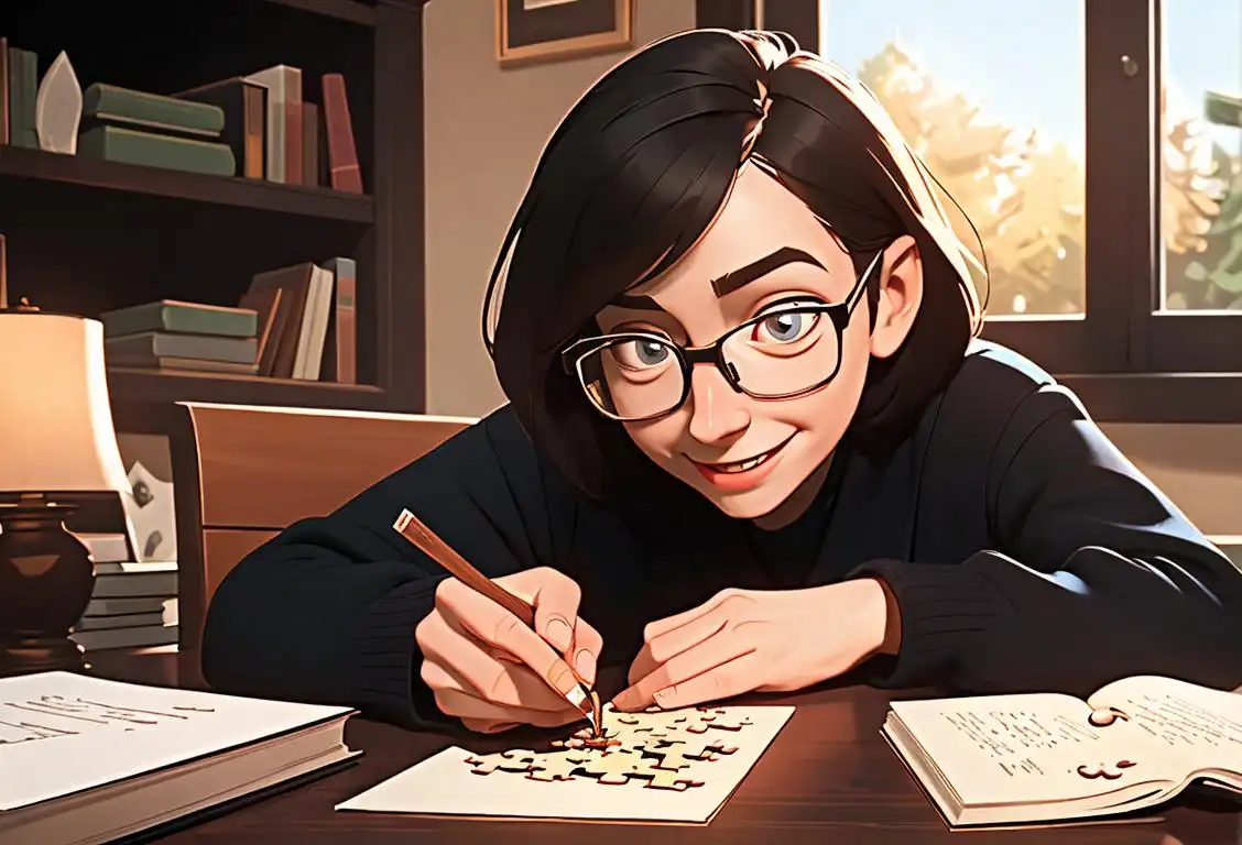 Happy person in glasses solving a puzzle, in a cozy study room with books and a cup of coffee..