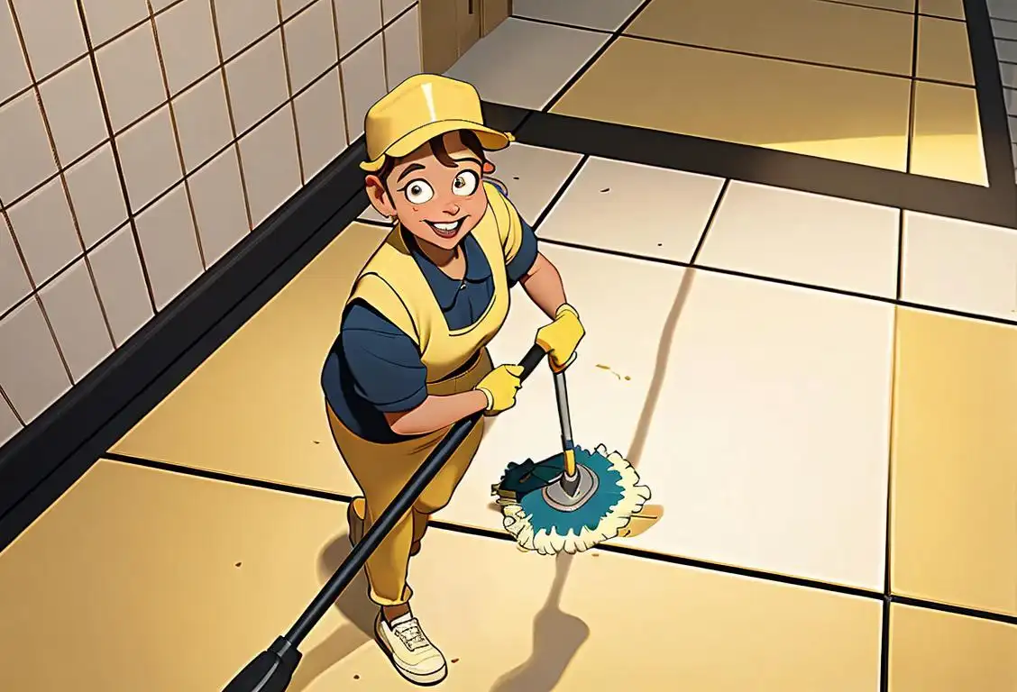 A cheerful custodial worker, wearing a yellow cleaning uniform, pushing a mop in a tidy school hallway..