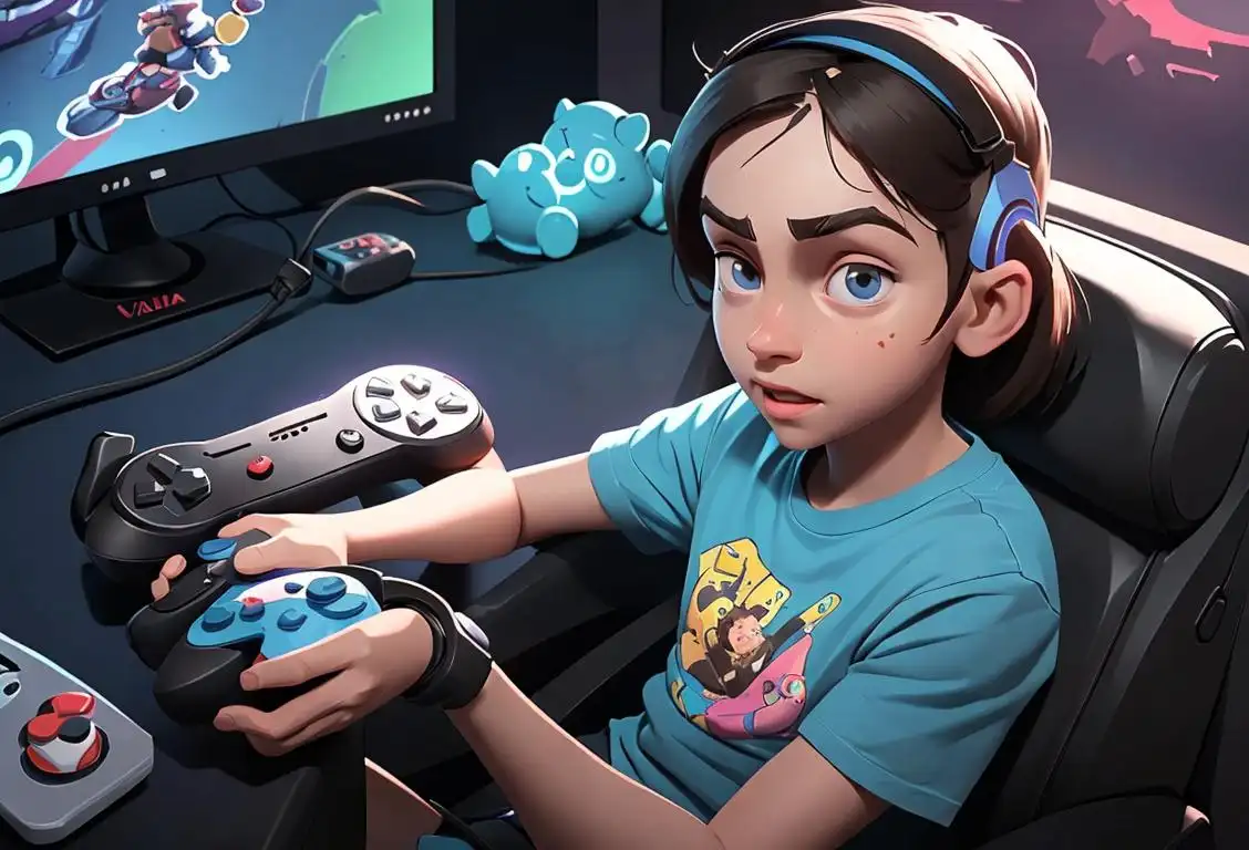 Young gamer holding a game controller, wearing a cool gaming t-shirt, surrounded by futuristic virtual reality scenery..